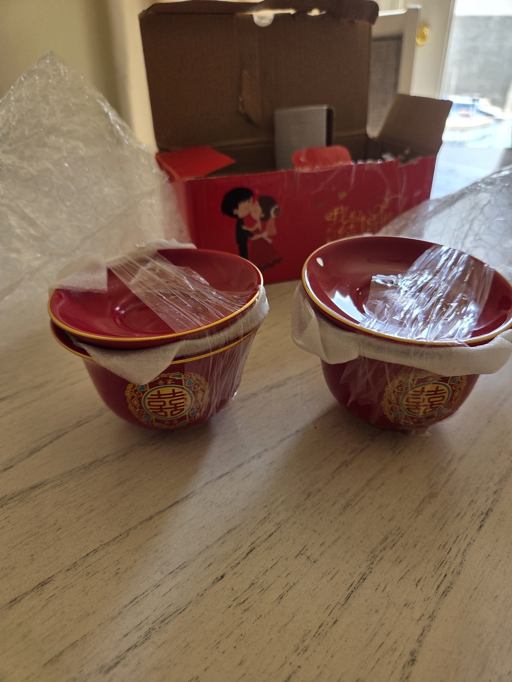 HannaFires Chinese Wedding Tea Cup Set - Ceramic Double Happiness Cups, Pair